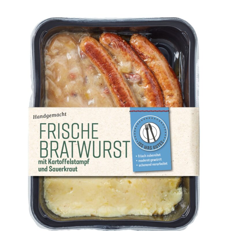 Frische Bratwurst mit Kartoffelstampf und Sauerkraut Verpackung